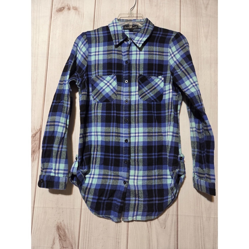 Derek Heart Shirt Juniors Medium Blue Plaid Flannel Bull Skull Western Boho